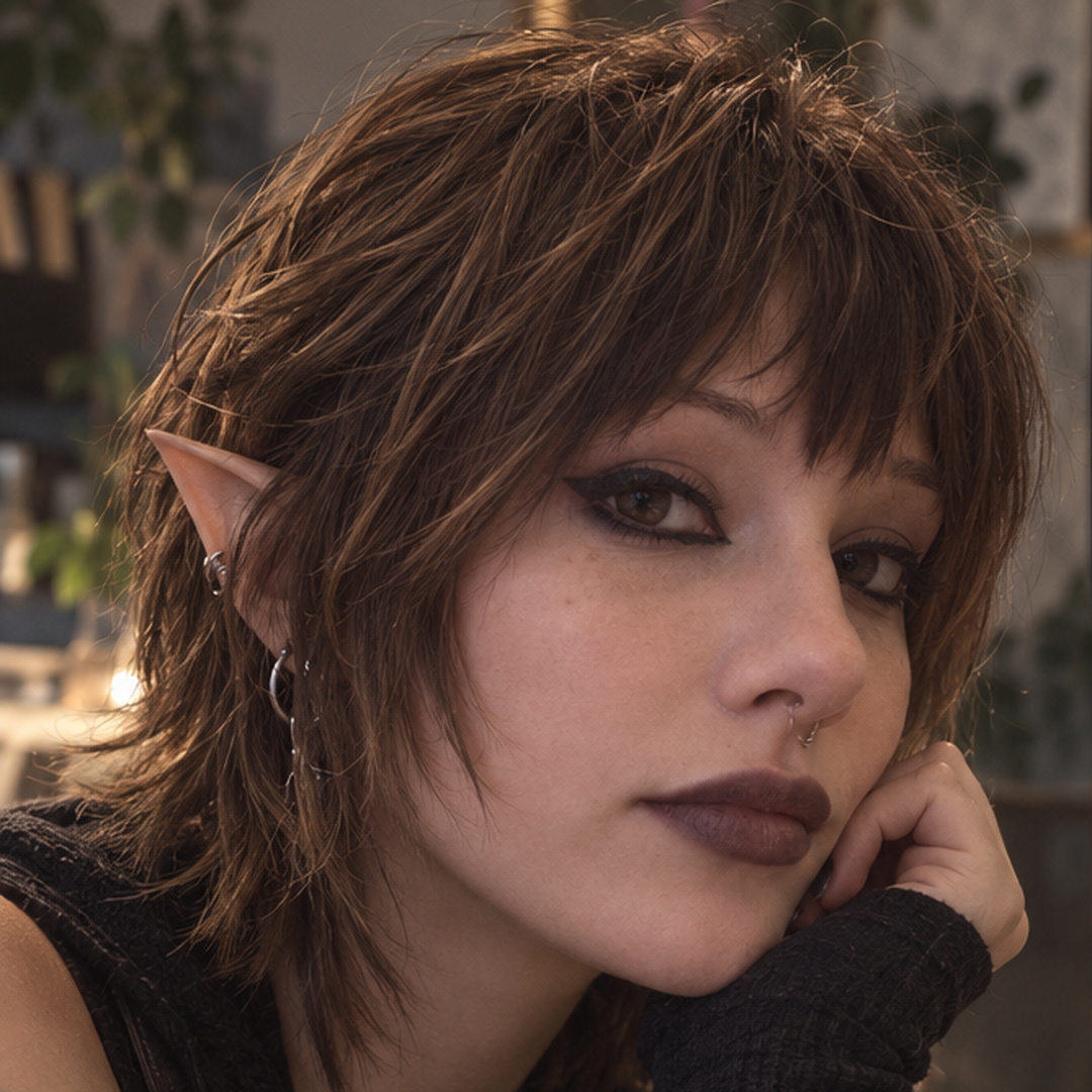Arynvela, a fictional elf with short brown hair and pointed ears, in warm natural light