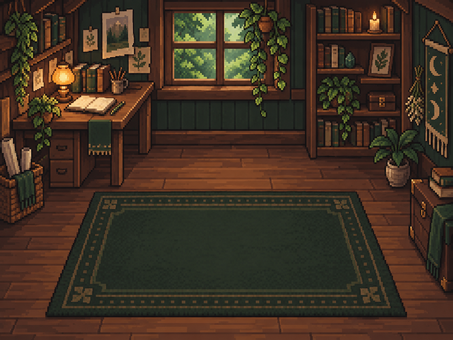 A cozy pixel-art reading room with books, plants, and a glowing lamp
